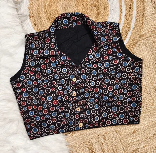 Natural Dye Ajrakh Collar Neck Blouse with Wooden Button